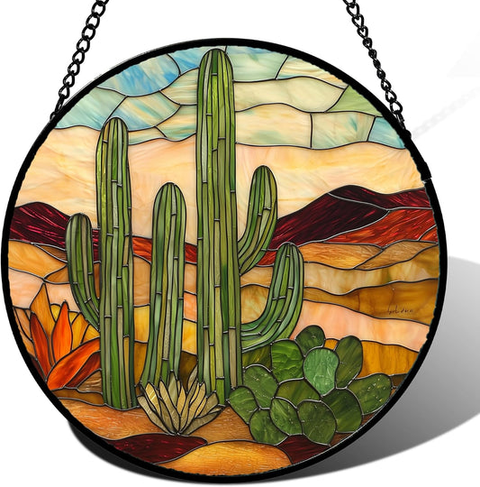 Stained Glass Window Hanging, Green Cactus Sun Catcher for Door Terrace Garden Home Decor, Abstract Desert Landscape Suncatcher Birthday Gifts for Lovers Women Men Dad Mom Nana 7.8 in