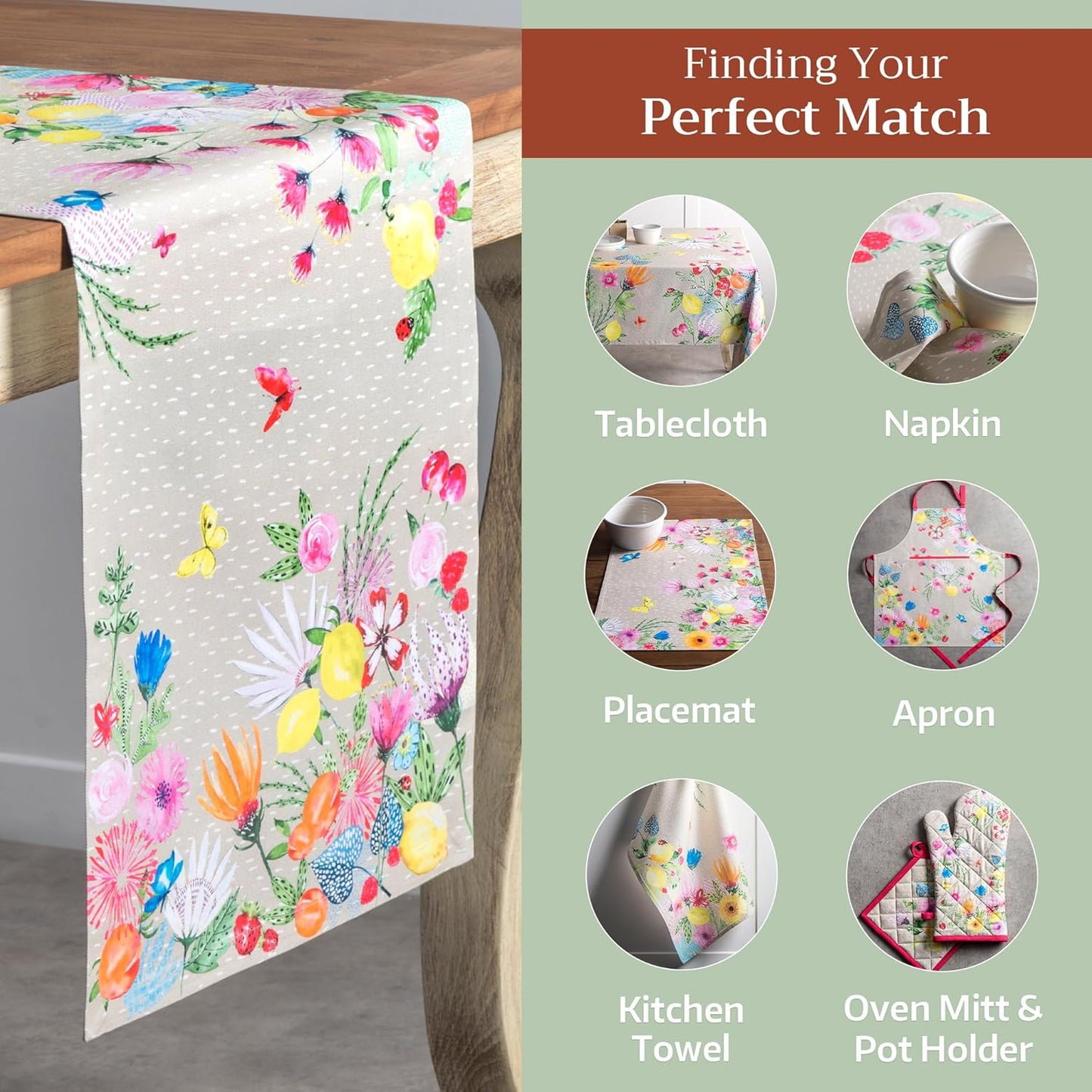 Maison d' Hermine Table Runner 100% Cotton Single Layer Table Runners 72 inches Long Decorative for Home Kitchen Dining Party Wedding Bridal Shower Spring Summer (Jardin D'Ete - Fog, 14.50" x 72")