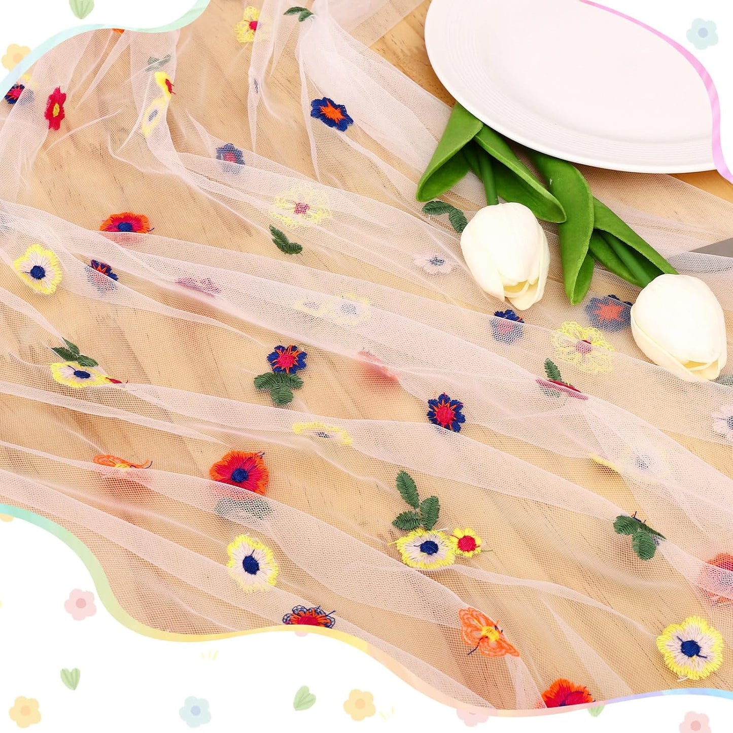 BINBE 6pcs Ivory Daisy Fall Table Runner Embroidery Gauze 10FT Florals Seasonal Tulle Holiday Birthday Kitchen Dining Table Decor for Home Party