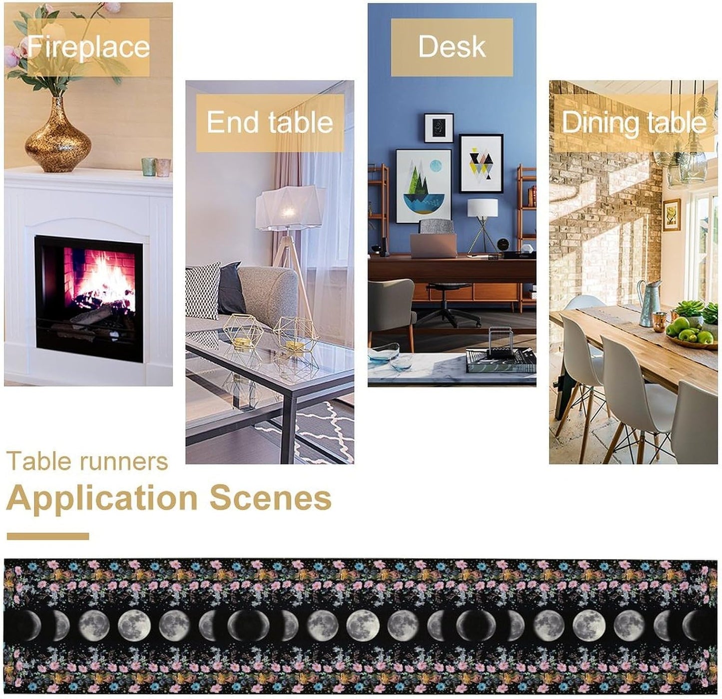 Boho Floral Moon Table Runner, Spring Flower Leaves Mystical Gothic Sun Moon Table Runner for Kitchen Dining Table Home Party,13x70 Inch Purple