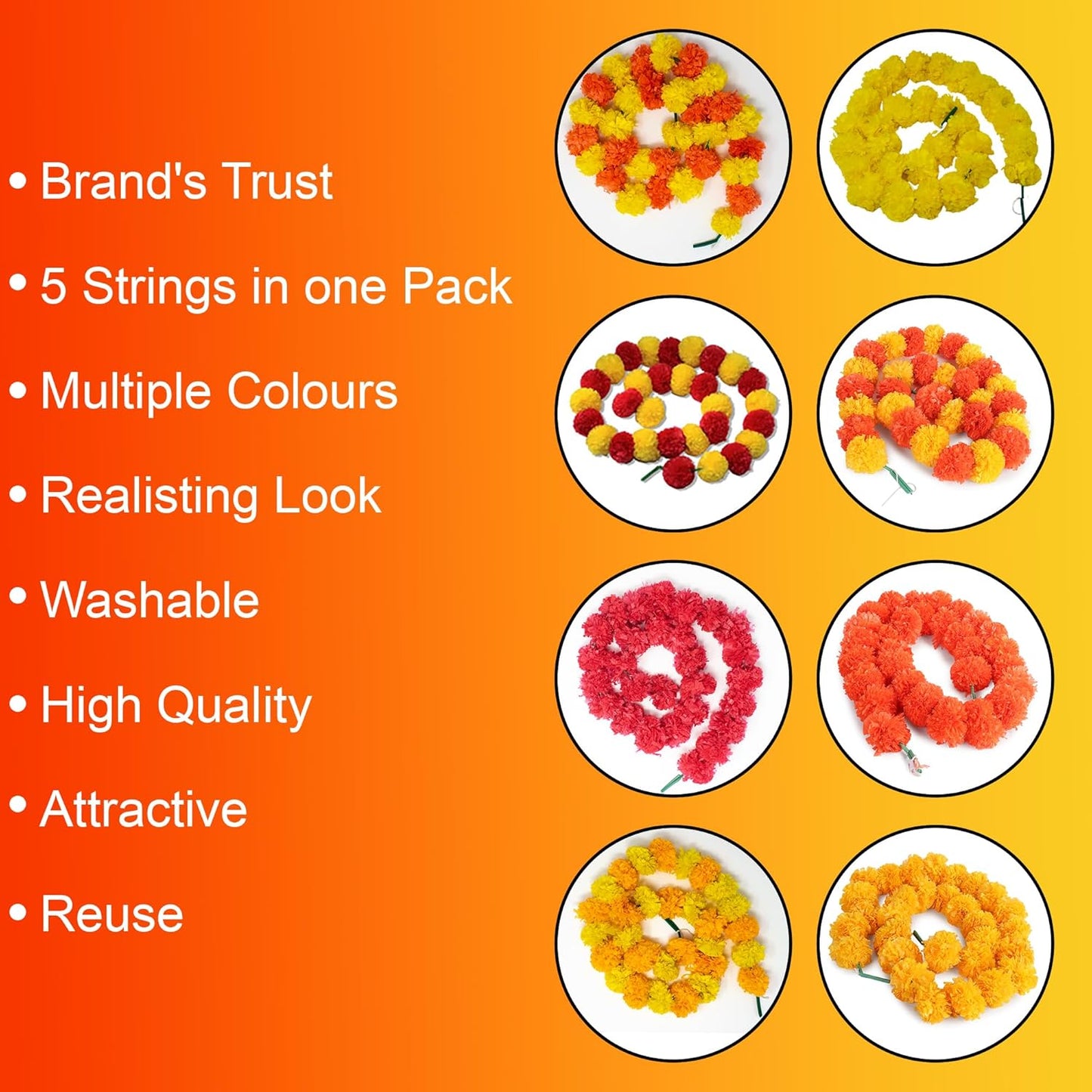 Marigold Garlands for Decorations Pack of 5 - Artificial Marigold Flowers for Decorations -Indian Decor for Pooja, Indian Flower Garland (Yellow Orange Combination | 4 to 4.5 Ft) Hashcart®