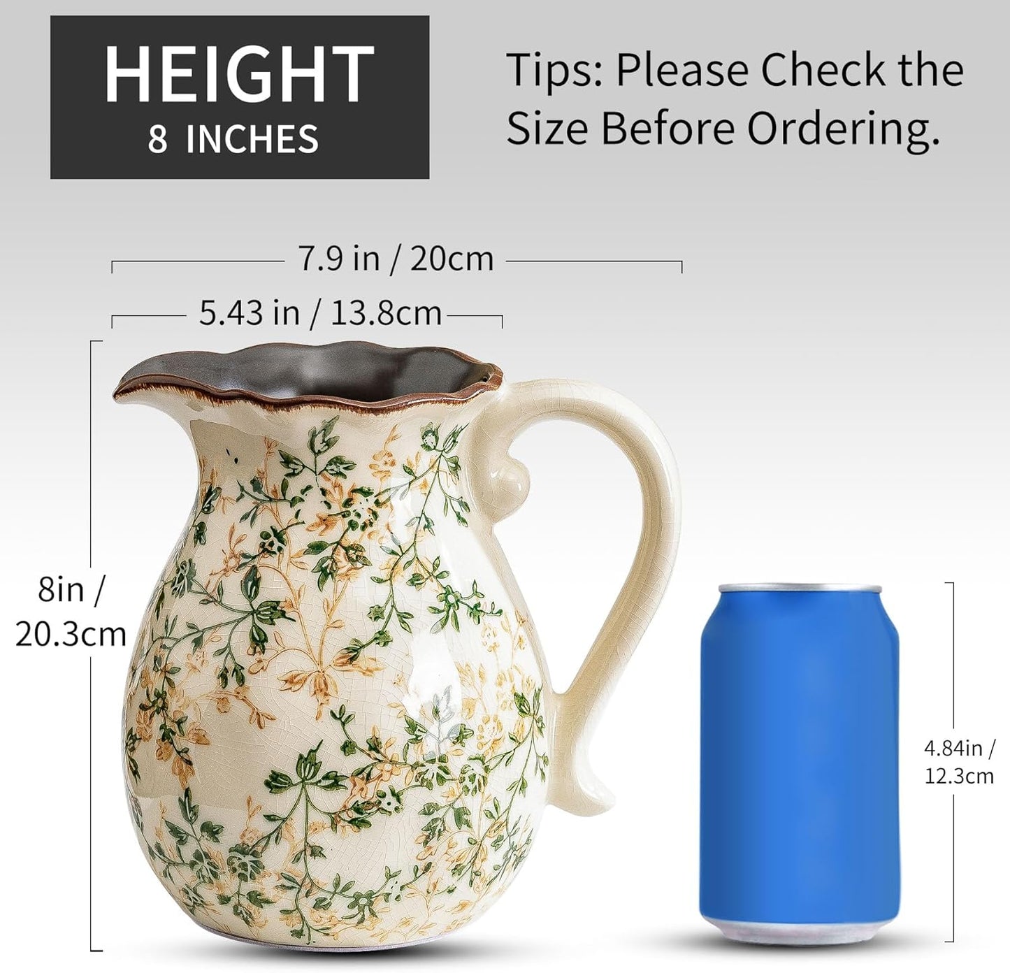 Green and White Vintage Vase with Handle, Chinoiserie Floral Pitcher Vase, Rustic Ceramic Farmhouse Vases for Home Decor, Living Room, Bookshelf, Office, Grand Millennial Decors, Tuscan Decor 7.9 Inch