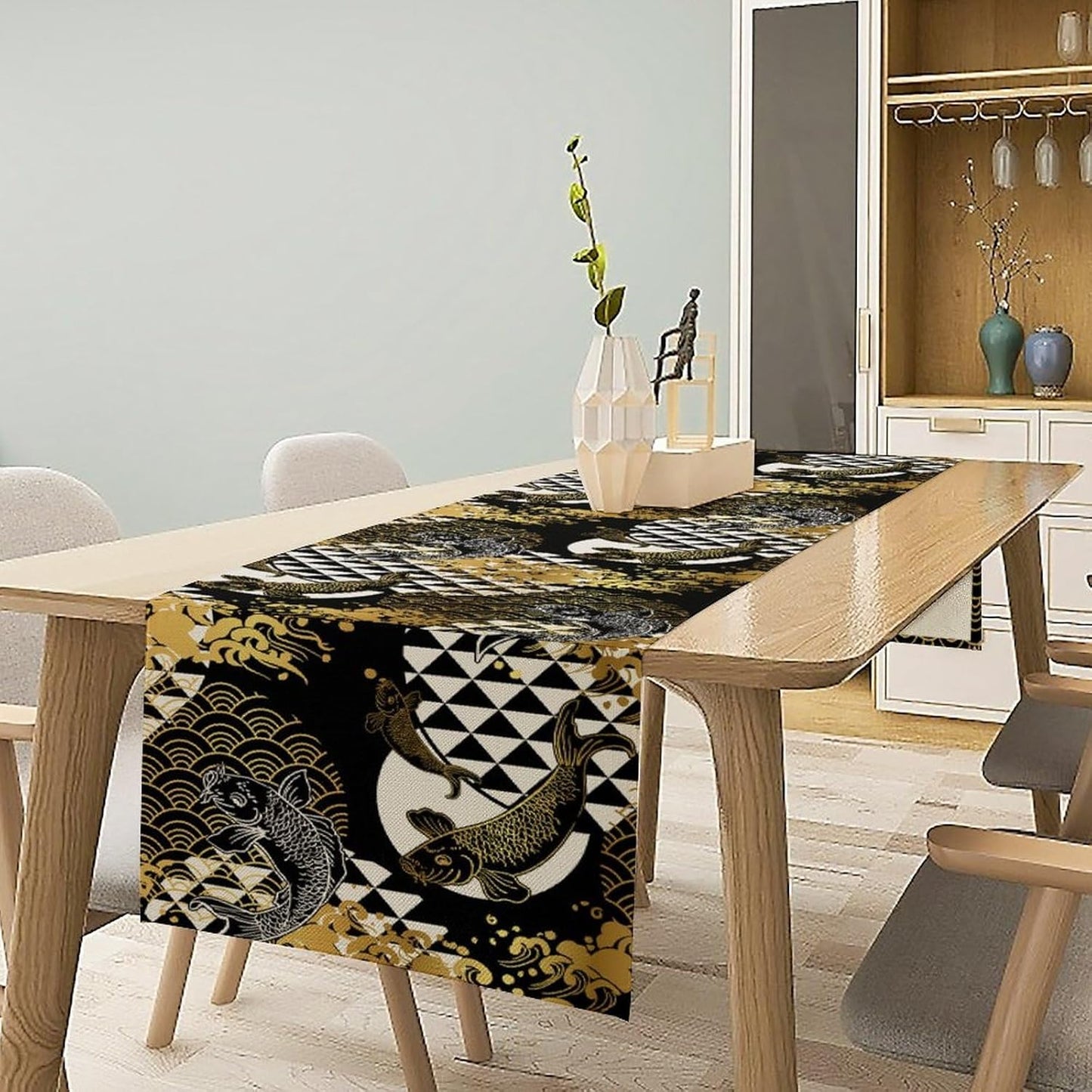 Japanese Table Runner Oriental Tradition Kio Fish Gold Art Printed Burlap Runner Home Kitchen Dining Table Living Room Decor Fabric 1 Panel W13xL60in