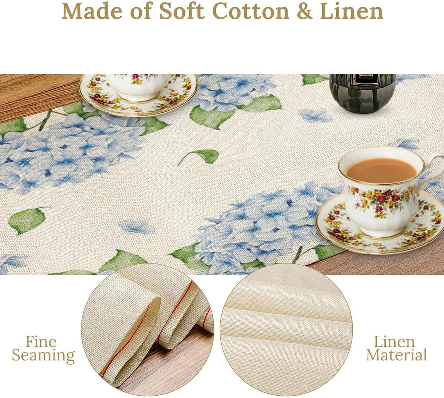 Watercolor Hydrangea Flower Table Runner, Spring Summer Seasonal Plants Butterfly Blue Dinner Runner for Home Kitchen Dining Table Party Holiday Decoration 13"x36"