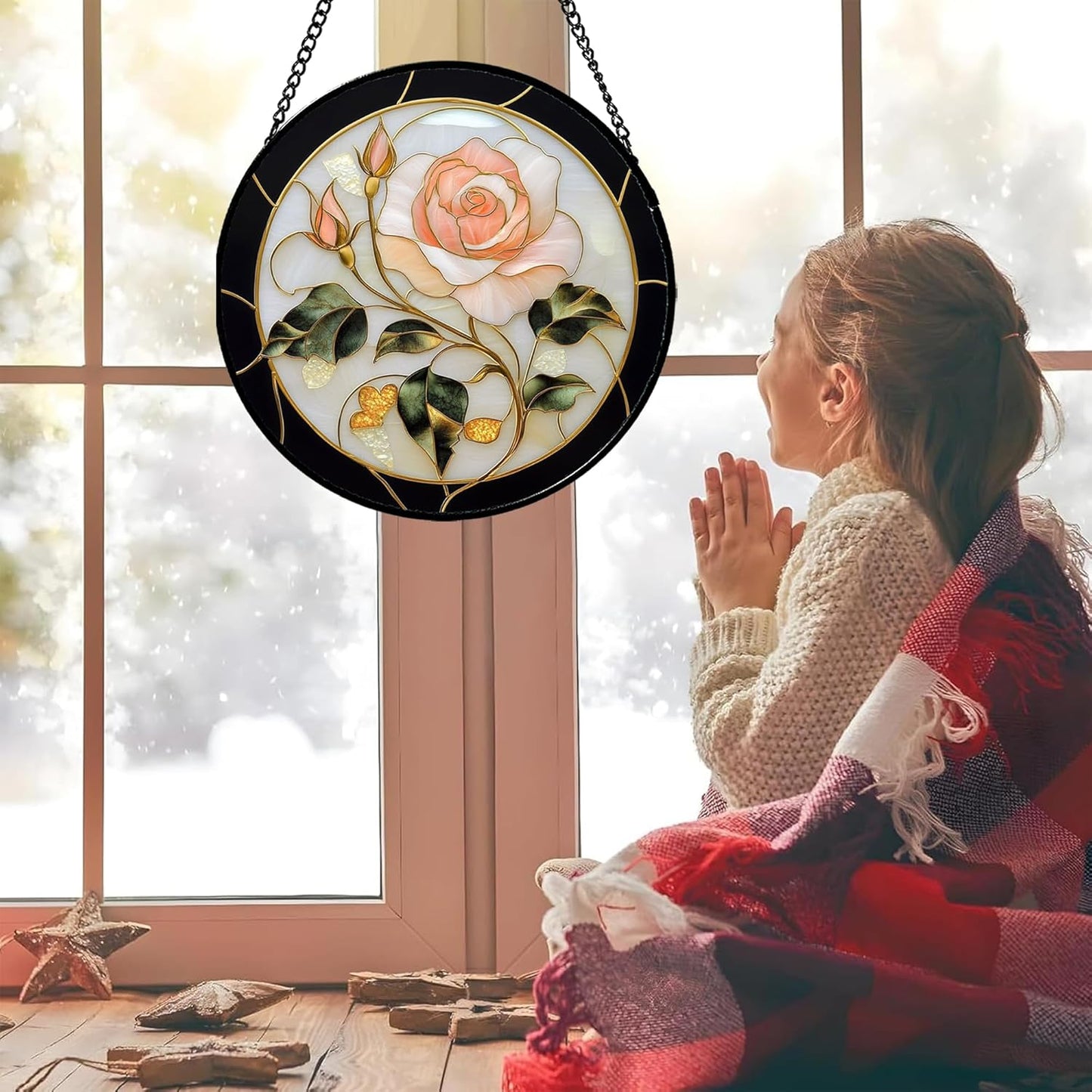 Stained Glass Window Hanging - Black White Pink Rose Sun Catcher for Door Home Decor Flower Suncatcher Christmas Mother's Day Birthday Gifts for Women Men Lovers Mom Nana 9.8 in