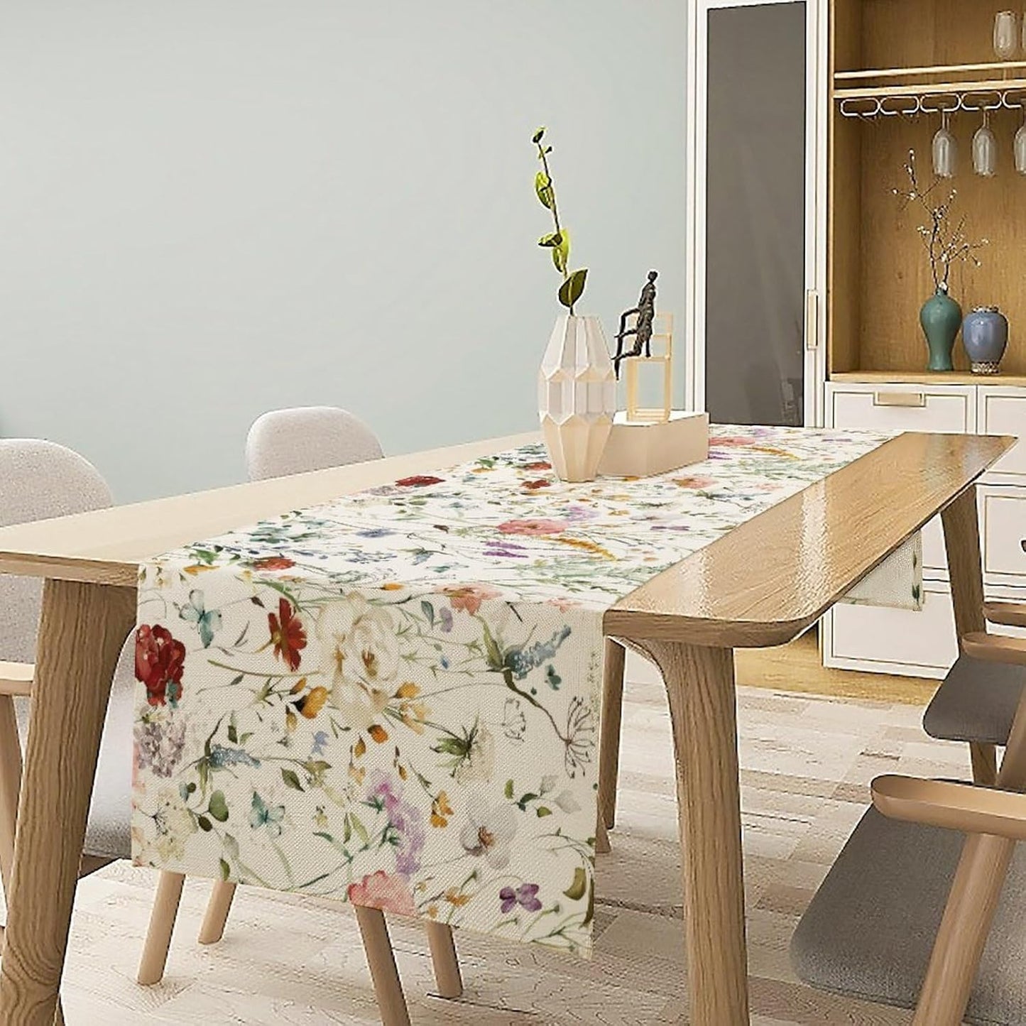 Floral Butterfly Table Runner,Rustic Colorful Flower Botanical Watercolor Pattern Print Burlap for Hotel Indoors Outdoor Dining Room Kitchen Holiday Party, 13x90in