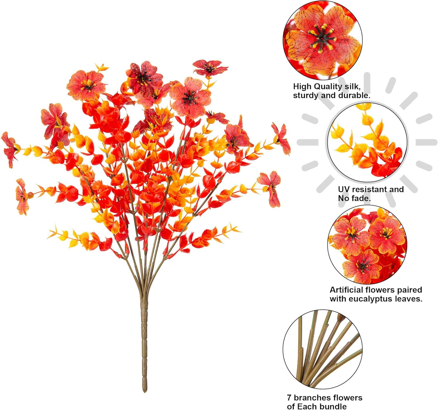 HyeFlora Artificial Fall Flowers Faux Mums for Outdoor Indoor Garden Home Decoration, Faux Flower Daisy with Eucalyptus Leaves Fake Plants Greenery Boxwood Porch Patio, 12 Bundles (Sunset)