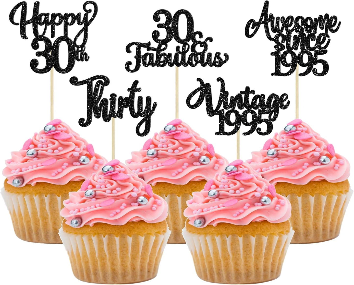 30Pcs Happy 30th Birthday Cupcake Toppers Glitter Thirty Vintage 1995 Cupcake Picks Cheers to 30 Fabulous Cake Decorations for 30th Birthday Wedding Anniversary Party Supplies Black