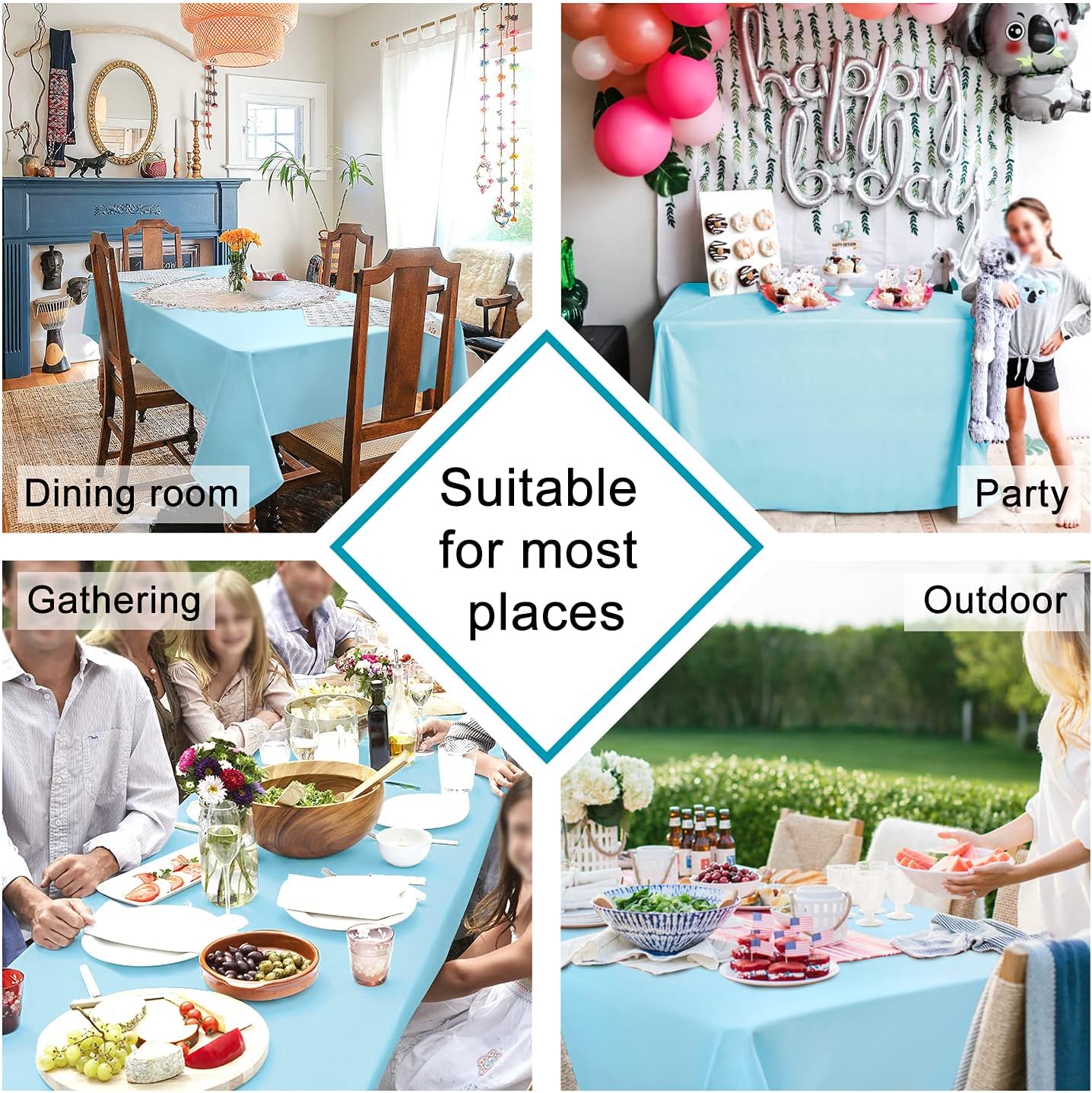 Hiasan Waterproof Tablecloth Rectangle - Washable Fabric Table Cloth for Dining Room Kitchen Birthday Party and Outdoor Use, Sky Blue, 30 x 60 Inch
