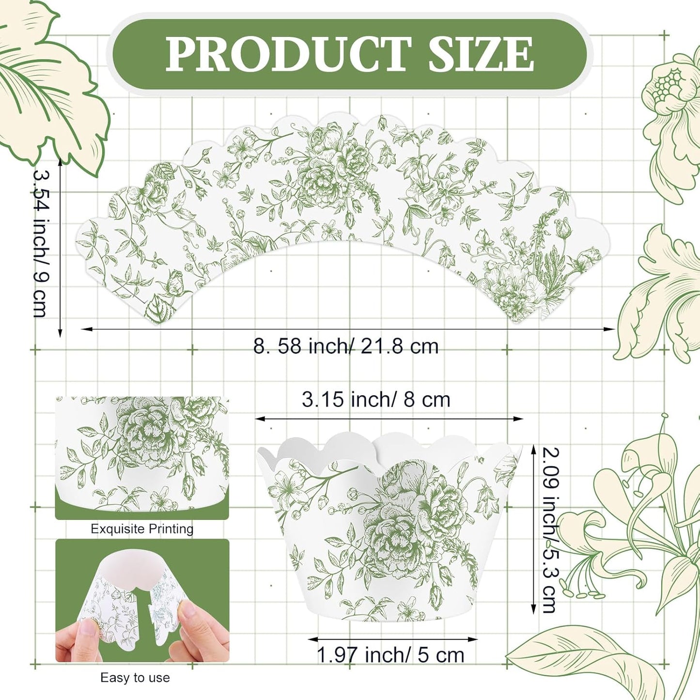 Domensi 100 Pcs Cupcake Wrappers Rustic Cupcake Liners Baking Cups Baking Liners for Wedding Bridal Baby Shower Birthday Party Supplies Dessert Decoration(Green, Floral)