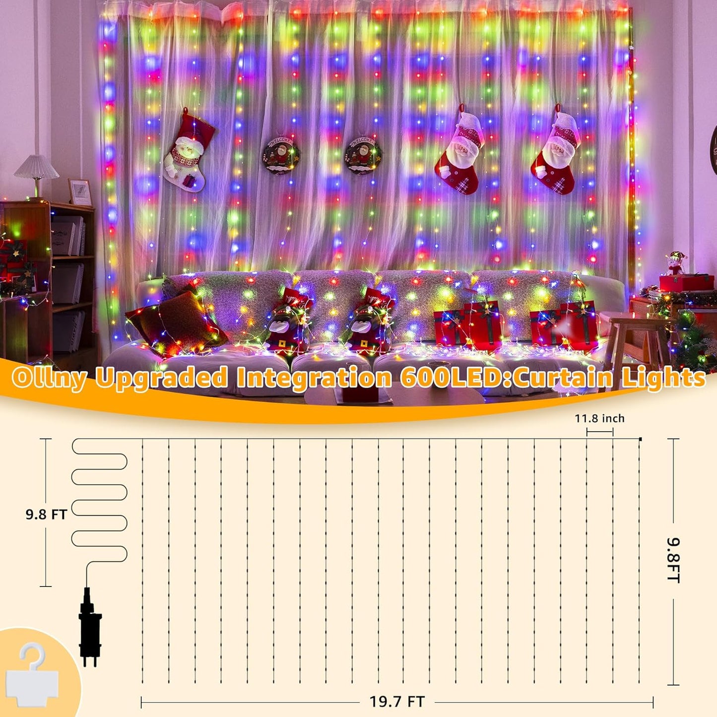 Ollny Curtain Lights 600LED 19.7ft x 9.8ft, IP67 Waterproof Outdoor Curtain Rice Lights with Remote, Plug-in Untangle Fairy Light with 8 Modes 3 Timers for Wall Waterfall Backdrop Decor(Multicolored)