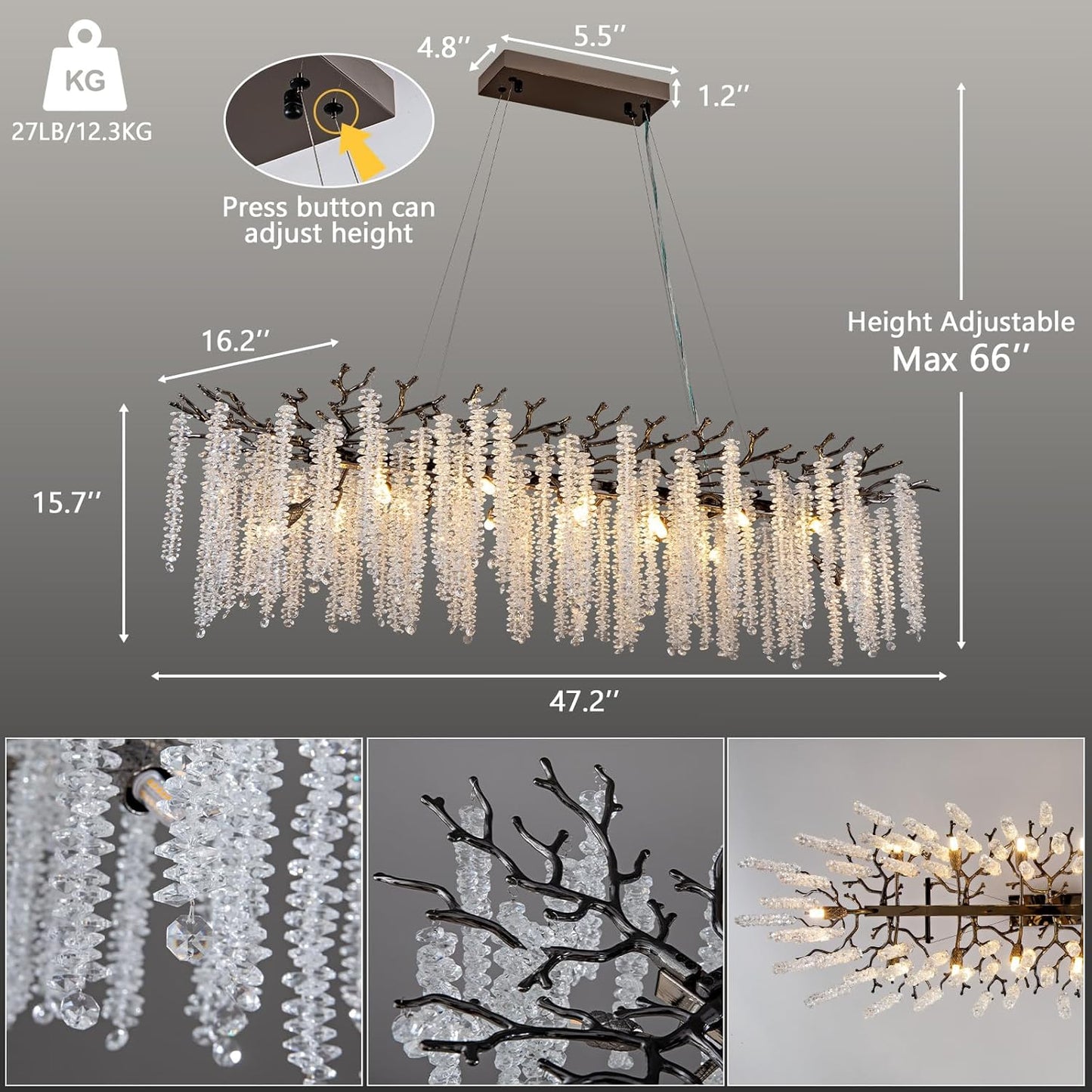 YUYI Black Crystal Chandelier, Modern 47.2" Rectangular Chandeliers for Dining Room,K9 Large Luxury Flush Mount Chandelier for Foyer Living Room,Kitchen Island Hanging Light Fixture