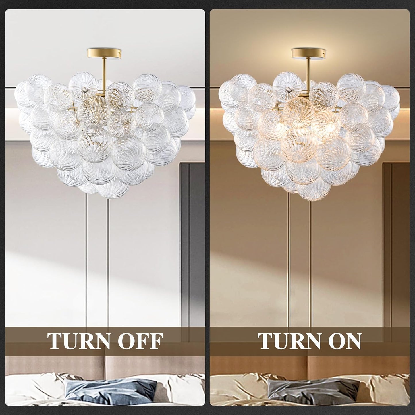 Nordic Bubble Ball Swirled Glass Ceiling Lights Fixture, Dia 24 inch Gild Brass and Clear Blown Glass Small Chandelier for Bedroom Study Bathroom