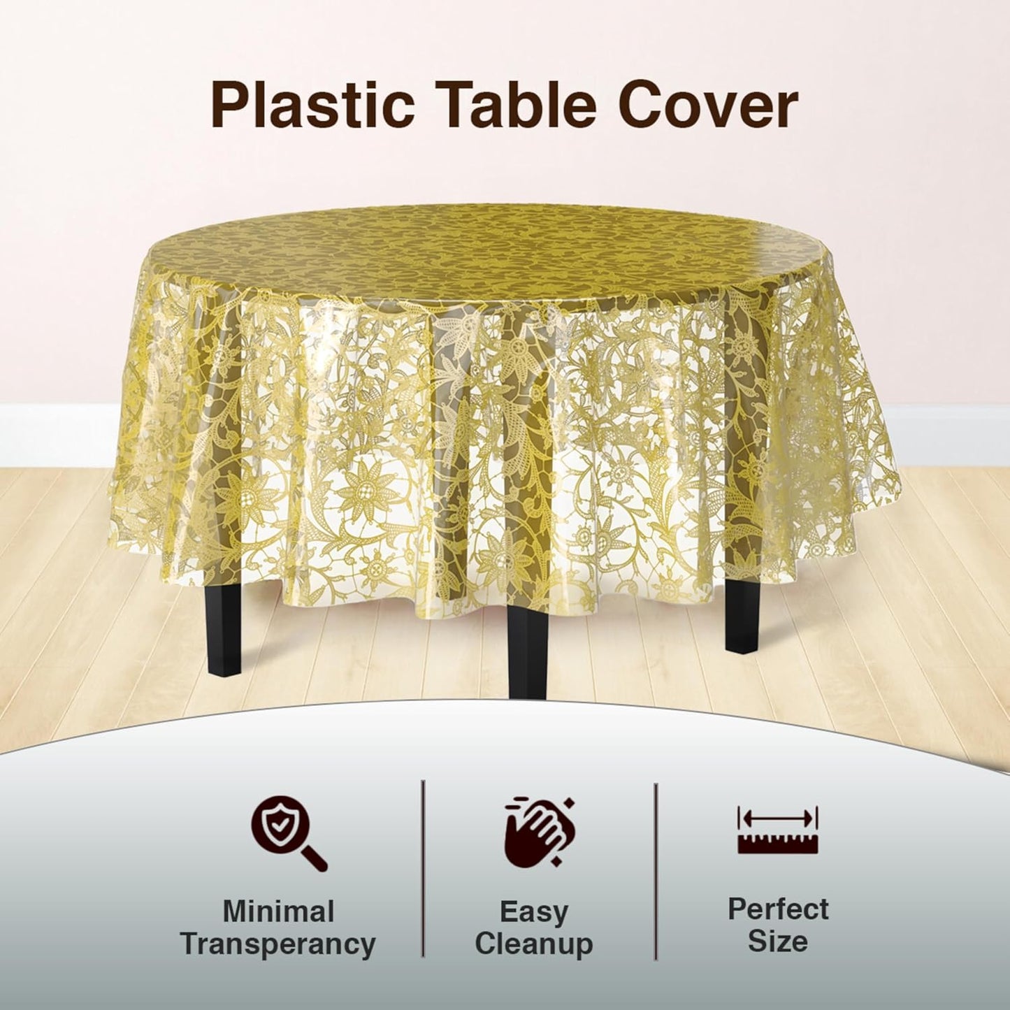 Exquisite Lace Table Cloth Round Table Plastic 12-Pack Lace Tablecloth Round 84" | Clear & Gold Floral Tablecloth Disposable | Wild Flower Party Decorations & Party Supplies