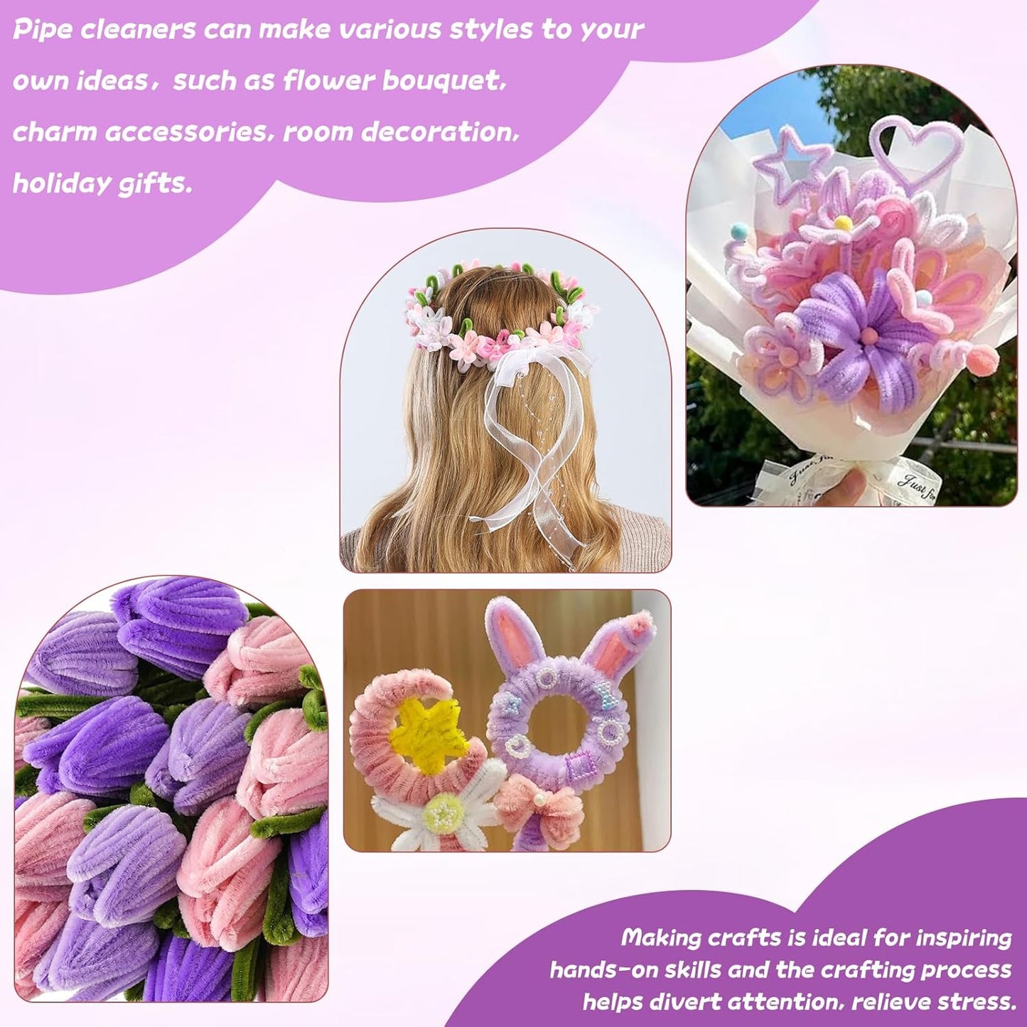 400 Pcs Chenille Stems Flowers Craft Kit,4 Colors Soft Pipe Cleaners Bulk for DIY Floral Arrangements with Floral Wires, Gardening Tape,Hot Glue Stick,Greeting Card,Bouquet Paper, Stamen & Ribbon