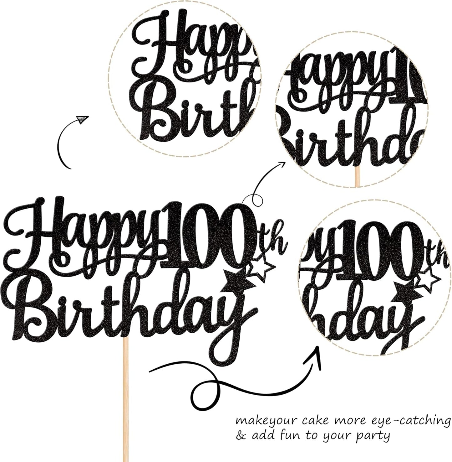 1 PCS Happy 100th Birthday Cake Topper Glitter Cheers to 100 Years Cake Pick 100 Fabulous Cake Decoration for 100th Birthday Party Decorations Supplies Black