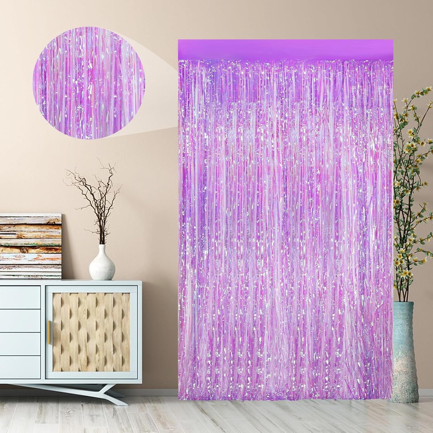 2Pack 3.3 x 8.3Ft Iridescent Purple Streamers Foil Fringe Curtains Neno Purple Tinsel Door Curtains Photo Booth Backdrop for Wedding Birthday Bridal Shower Baby Shower Bachelorette Party Decors