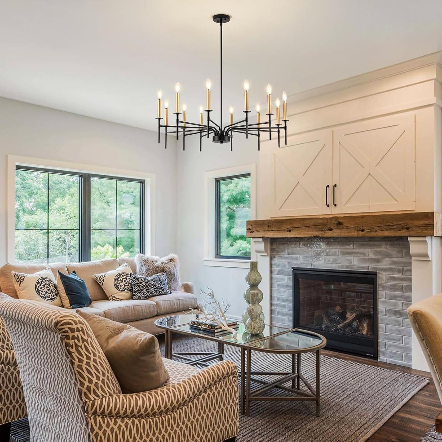 12 Light Modern Farmhouse Black and Gold Chandeliers for Dining Room Light Fixture, Metal Candle Chandelier Lighting Fixtures for Living Room Stair Foyer Entryway Bedroom Kitchen