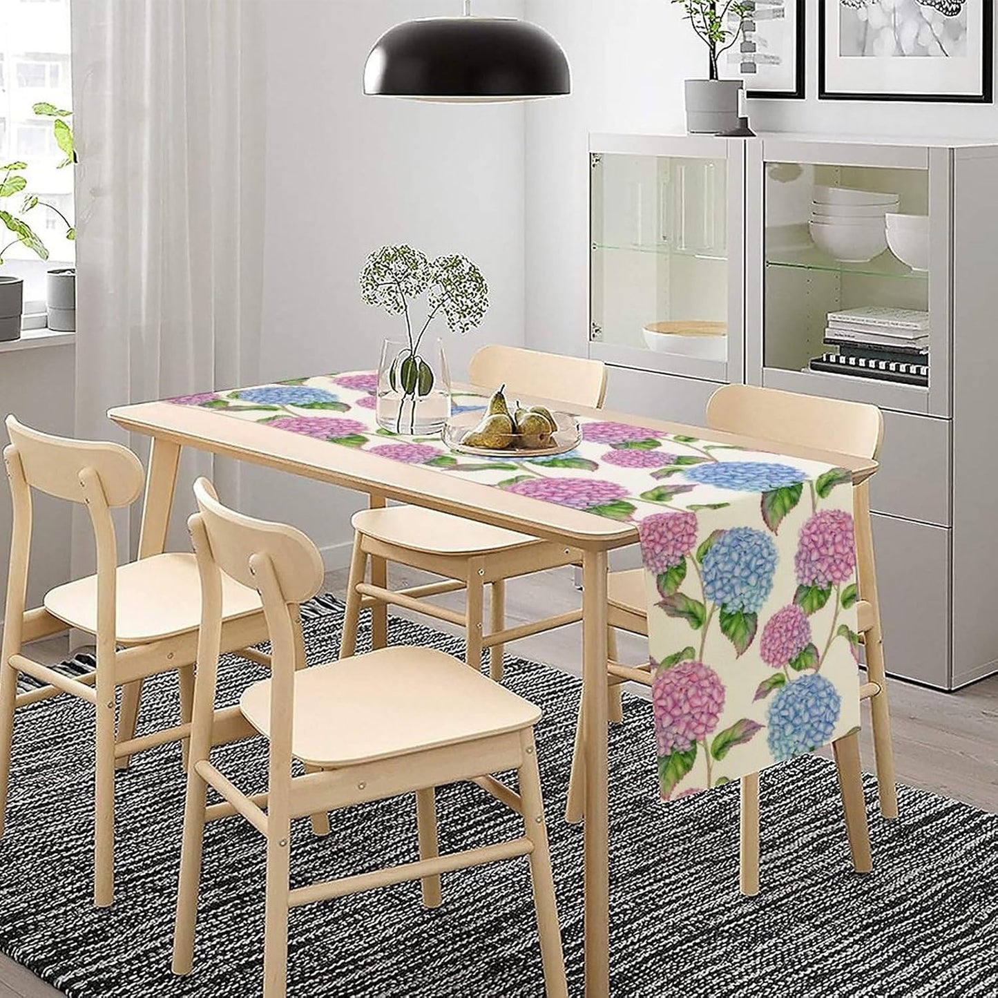 Spring Hydrangea Flower Table Runner, Seasonal Summer Plants Watercolor Pink Purple Florals Dinner Runner for Home Kitchen Dining Table Party Holiday Decoration 13"x60"