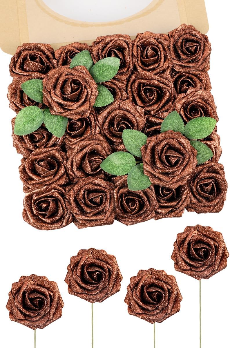 N&T NIETING Artificial Flowers Brown Glitter Flowers Foam 25pcs Roses Real Looking Fake Roses with Stem for DIY Wedding Bouquets Centerpieces Bridal Shower Party Home Decorations