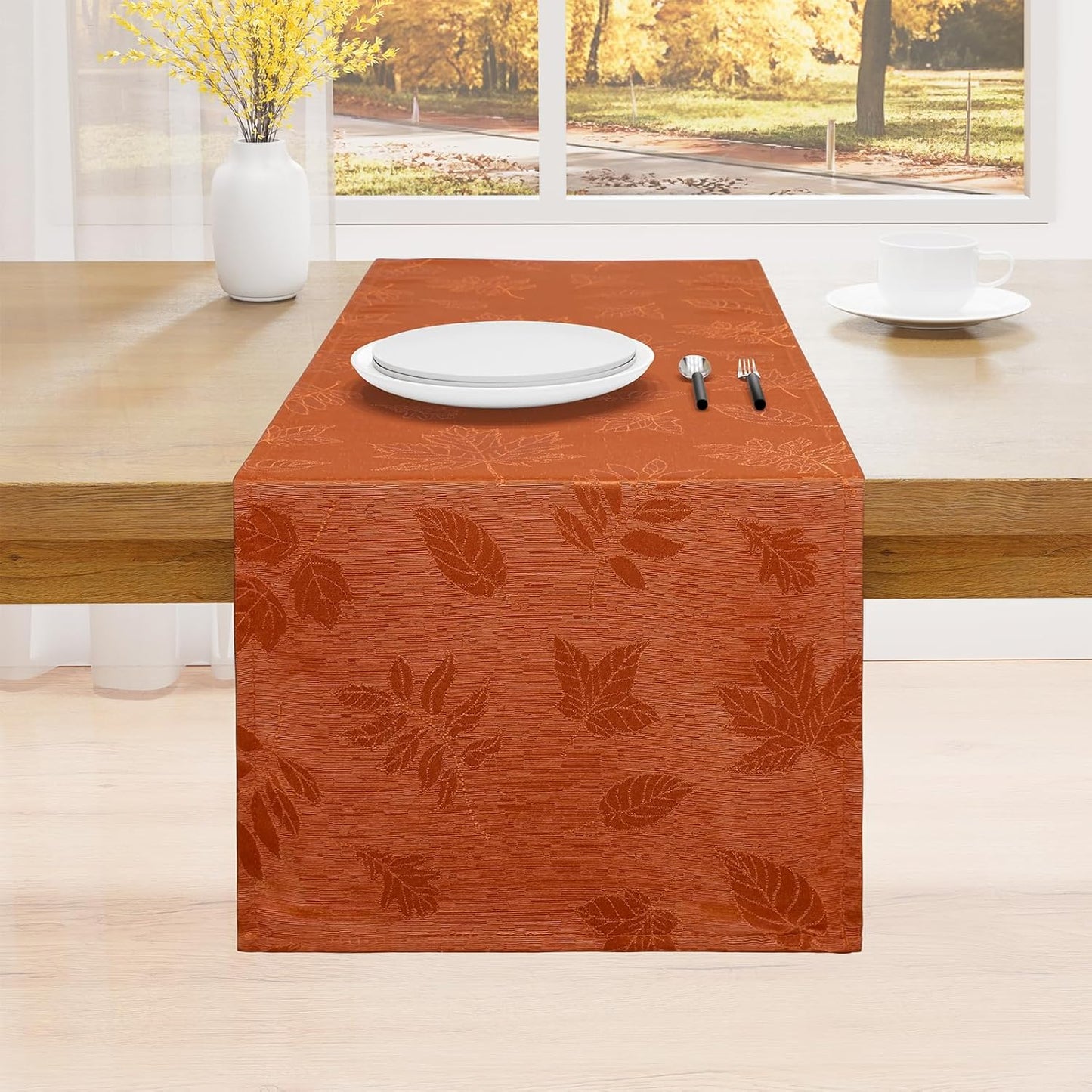 Smiry Fall Table Runner - 13x72 Inch Autumn Leaves Damask for Harvest Parties and Thanksgiving Dinner, Rust