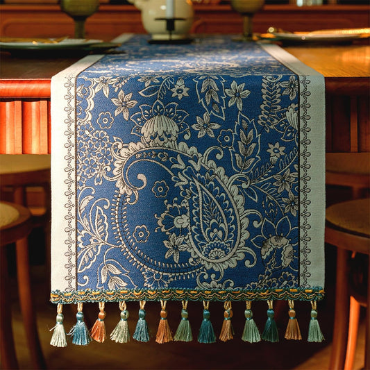 13×72 Inch Table Runner, Retro-Luxury Tassels Series for Kitchen Dining Table Holiday Decoration (Blue Pheonix)