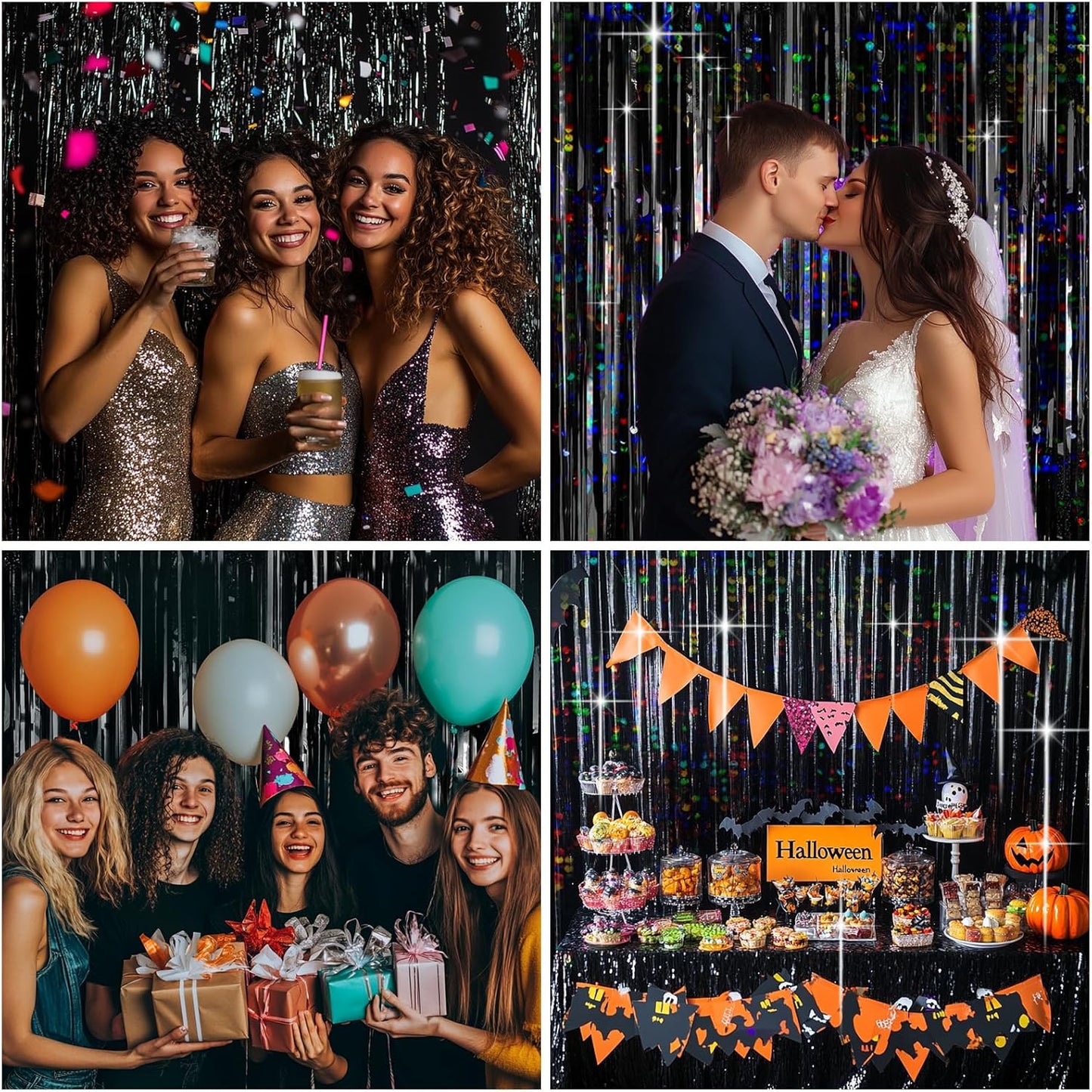 4 Packs Black Foil Fringe Curtain, Glitter Metallic Tinsel Backdrop for Birthday, Wedding, Bridal Shower, Halloween, Gold and Black Party Decorations Supplies