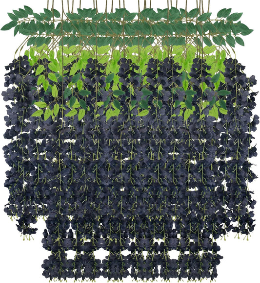 24 Pack Artificial Wisteria Flower Fake Silk Flowers String Vine Ratta Hanging Garland for Home Garden Party Wedding Backdrop Arch Decor (Black)