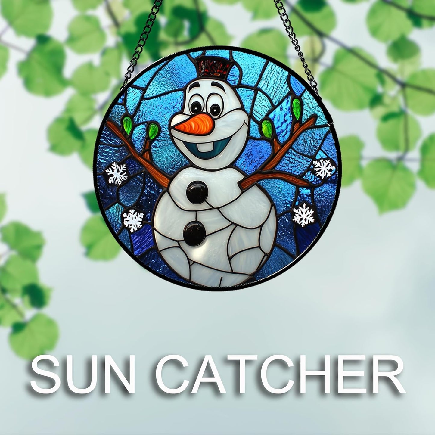Stained Glass Window Hanging Christmas Funny Snowman 6.3" - Suncatcher Door Garden Blue White Snowflakes Sun Catcher New Year Birthday for Friend Mom Men Woman Nana