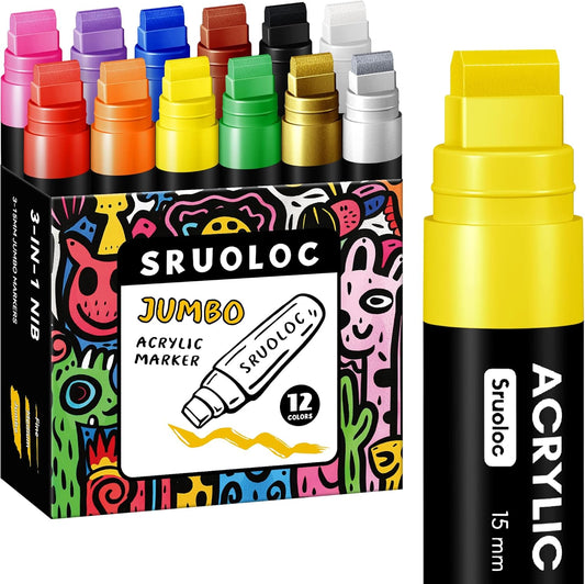 12 Colors Jumbo Markers, 15mm Jumbo Felt Tip, Acrylic Paint Markers for Rock Painting, Poster, Stone, Ceramic, Glass, Wood, Canvas