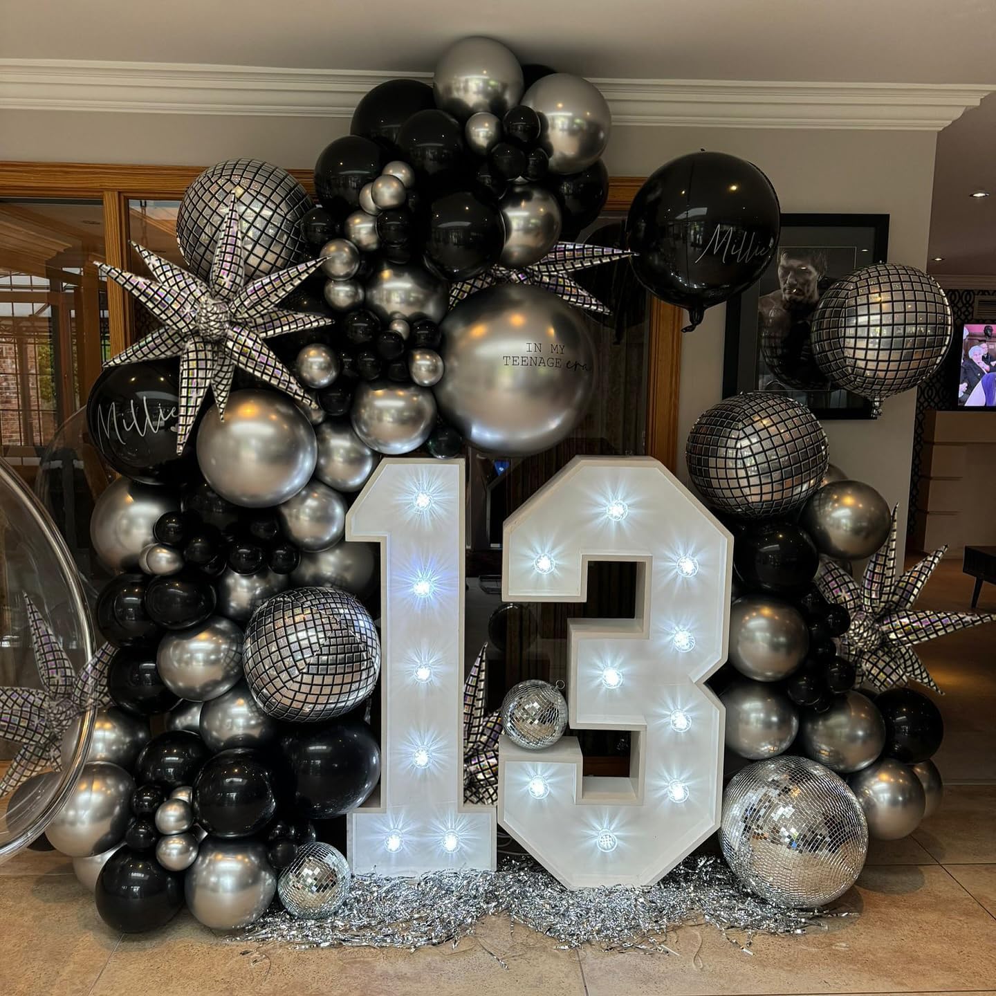 3pcs 32inch Iridescent disco explosion star foil balloons.Black white Foil Cone Star burst Balloons for disco Birthday Bachelorette Party decorations.