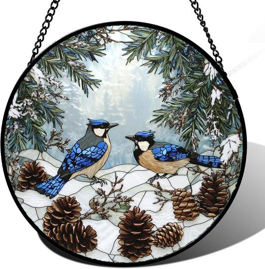Stained Glass Window Hanging - Blue Bird Winter Forest Landscape Suncatcher for Door Garden Yard Sun Catchers Decor Christmas Mother's Day Birthday Gifts for Women Mom Nana Friend 9.8 in