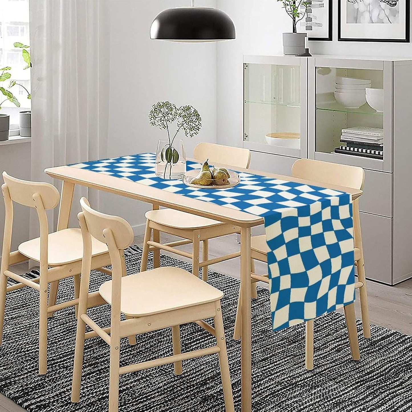 Table Flag Retro Plaid 60s70s Blue Plaid Table Flag Kitchen Restaurant Decoration Suitable for Indoor and Outdoor Festival Home Wedding Party Table Flag 13x120