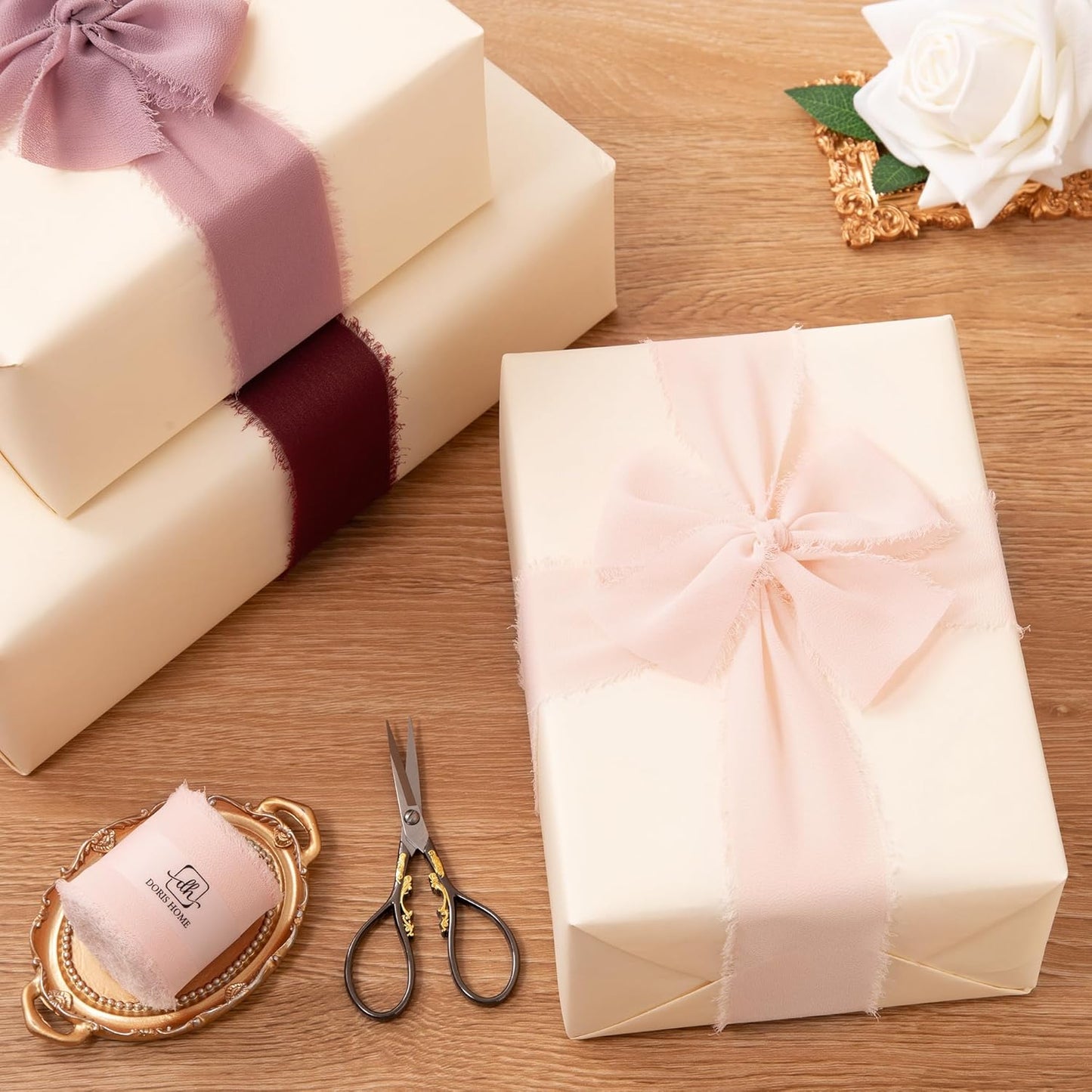 DORIS HOME 2" x21Yd Chiffon Ribbon for Flower Bouquet, Pink & Burgundy Fabric Ribbon for Gift Wrapping, Handmade Frayed Ribbon for Wedding, Chiffon Silk Ribbon for Christmas Decorations