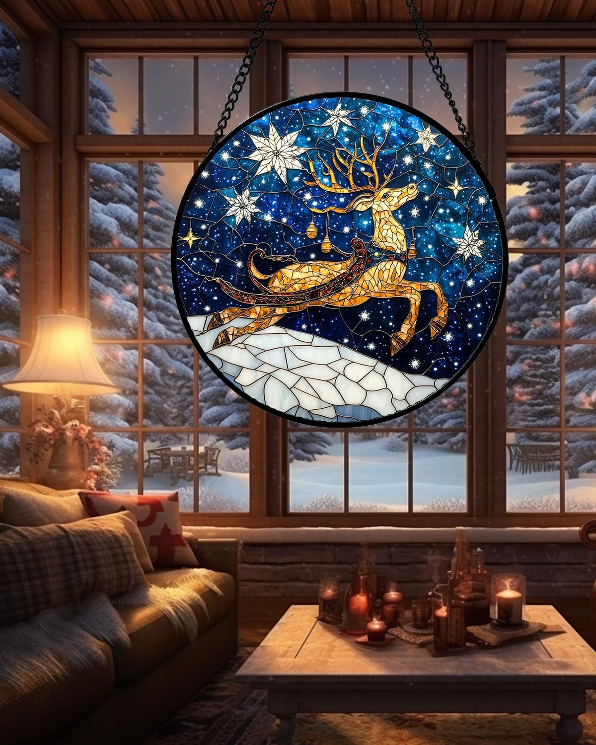 Stained Glass Window Hanging - Reindeer Blue Starry Sky Suncatcher for Doors Home Christmas Decoration Winter Sun Catcher Thanksgiving New Year Birthday Gifts for Women Men Mom Nana 7.8 in