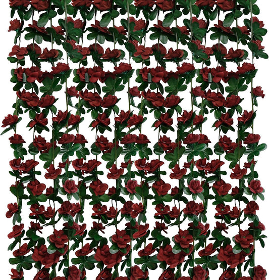 12 PCS 98.4 FT Artificial Flower Garland Red Rose Garland for Wedding Room Decor（12,Wine Red）