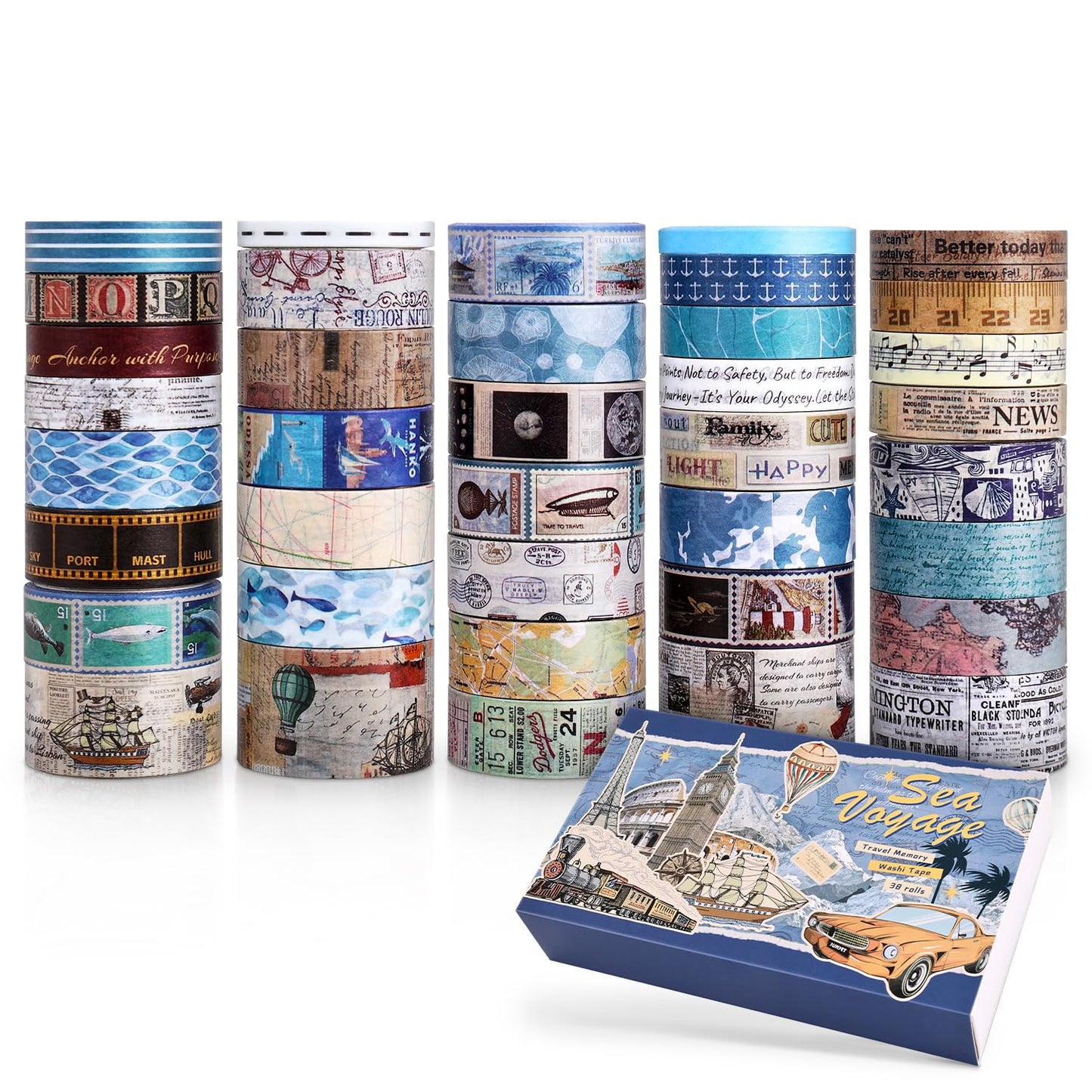 38 Rolls Vintage Washi Tape Set, Vintage Travel Stamp Map Scenery Art Letter Writable Decorative Tapes for Scrapbooking , Junk Journal Supplies, Bullet Journaling 5-25mm Wide 9.84ft long/Roll