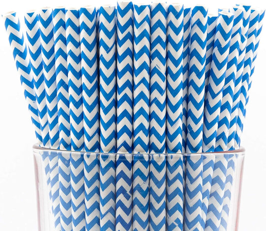 Pack of 900 Sky Blue Chevron Biodegradable 4-Ply Paper Drinking Straws (Compostable, Non-toxic, BPA-free)
