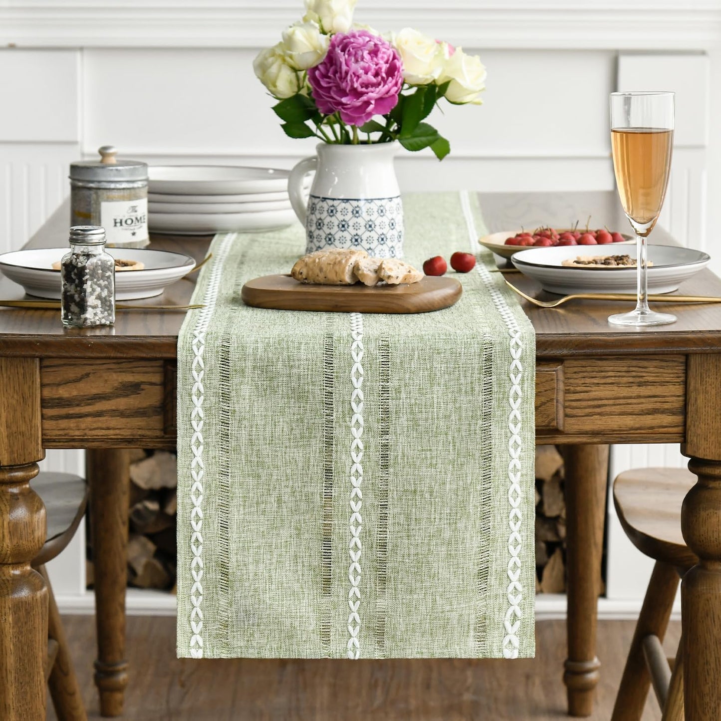 Artoid Mode Sage Green Rustic Cotton Linen Table Runner, Seasonal Embroidered Hollow Kitchen Dining Table Decoration for Home Party Decor 13x60 Inch