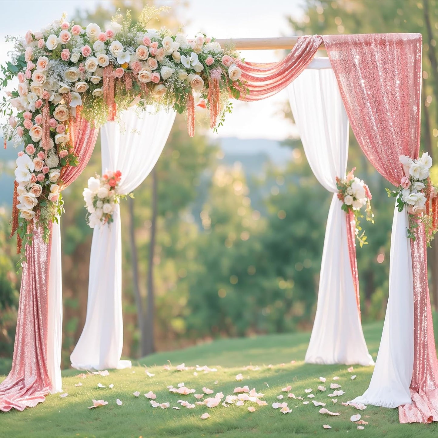 Wedding Arch Draping Fabric, 1 Panel 28" x19ft White Arch Drapes & 1 Panel 16" x19ft Rose Gold Sequin Fabric Drapes Arbor Backdrop Curtain for Wedding Arch Ceremony Bridal Shower Reception
