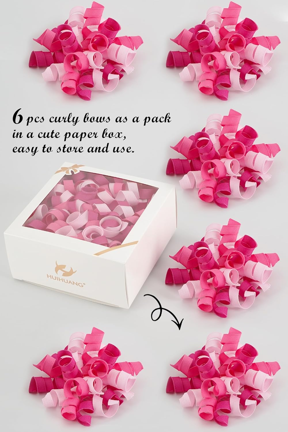 HUIHUANG Pink Bows for Gift Wrapping Self Adhesive Curly Gift Bows Fushcia/Pink/Hot Pink Bows for Presents, Birthday, Wedding Baby Shower Party Favors, Treat Bags- 6 Counts