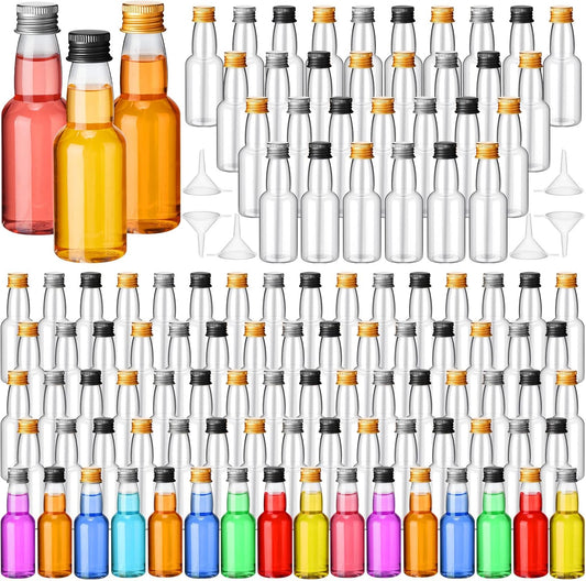 120 Pcs Mini Liquor Bottles Airtight Shot Miniature Empty Plastic Alcohol Spirit Shot Bottles with Funnels for Party Favors, Weddings(2 oz,Silver, Gold, Black)