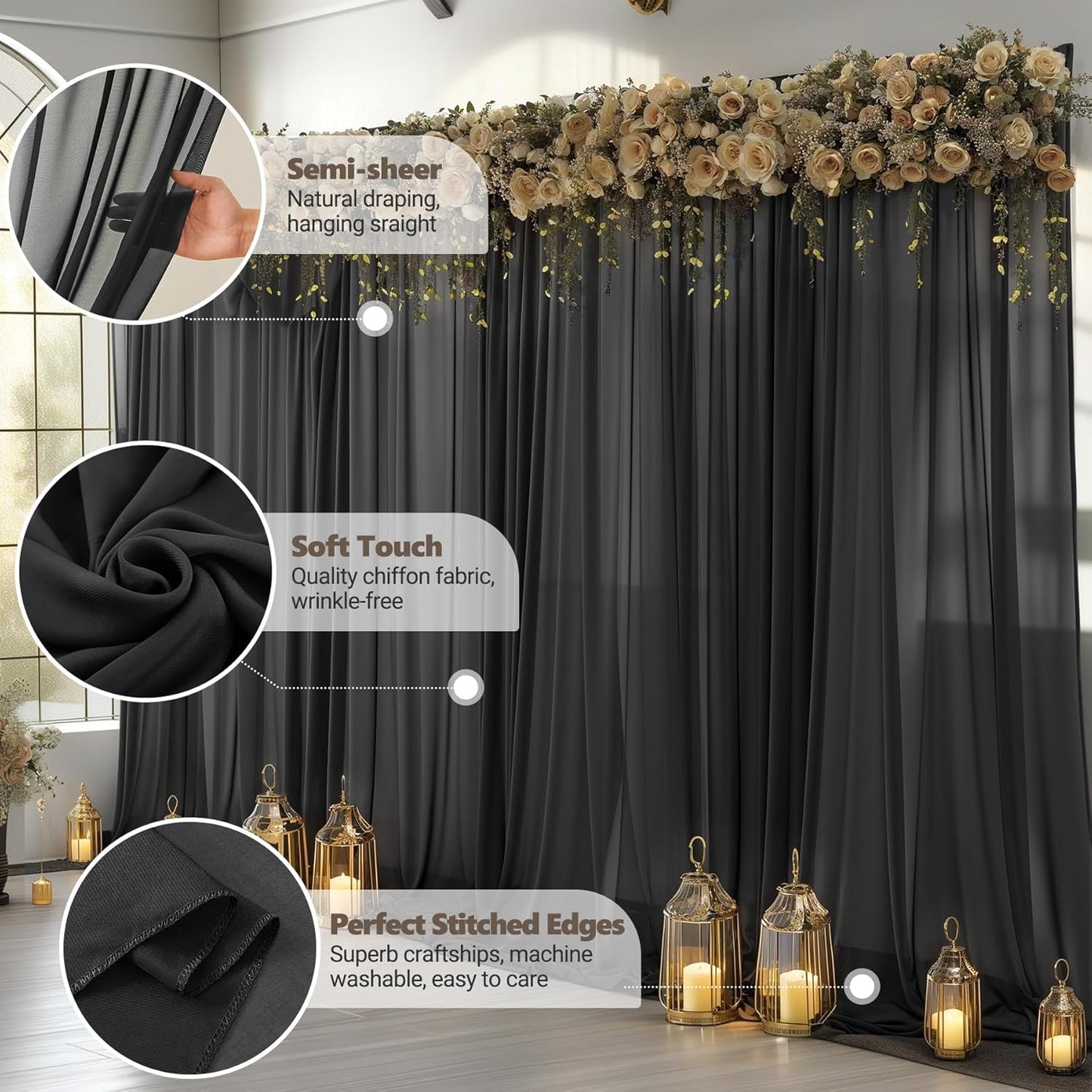 10ft x 10ft Black Backdrop Curtains, Wrinkle-Free Sheer Chiffon Fabric Photo Background Drapes for Wedding Arch Party Ceremony Stage Photography Decorations