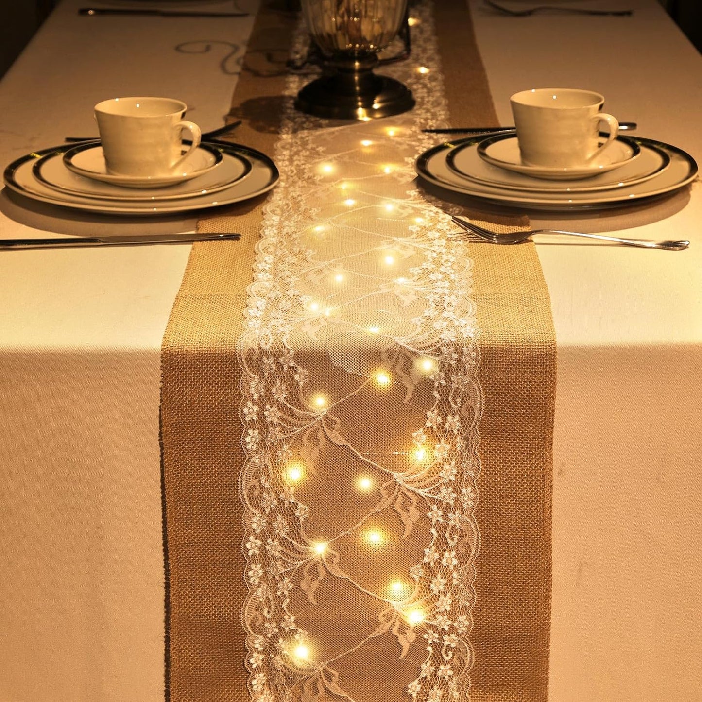 Xinnun 6 Pack Burlap Table Runner with LED String Lights, Modern Rustic Lace Natural Vintage Boho Jute Wedding Table Decor for Farmhouse Thanksgiving Christmas(Farmhouse Rustic Burlap,12x70 Inches)