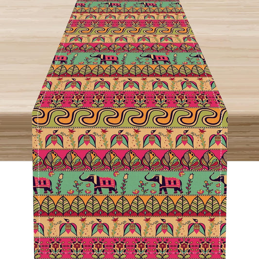 Boho Table Runner, Indian Bohemian Elephant Mandala Paisley Floral Hippie Art Print Table Center Decor for Home Kitchen Dining Patio Holiday Party Indoor Outdoor Table Decorations, 13"x90" Inch