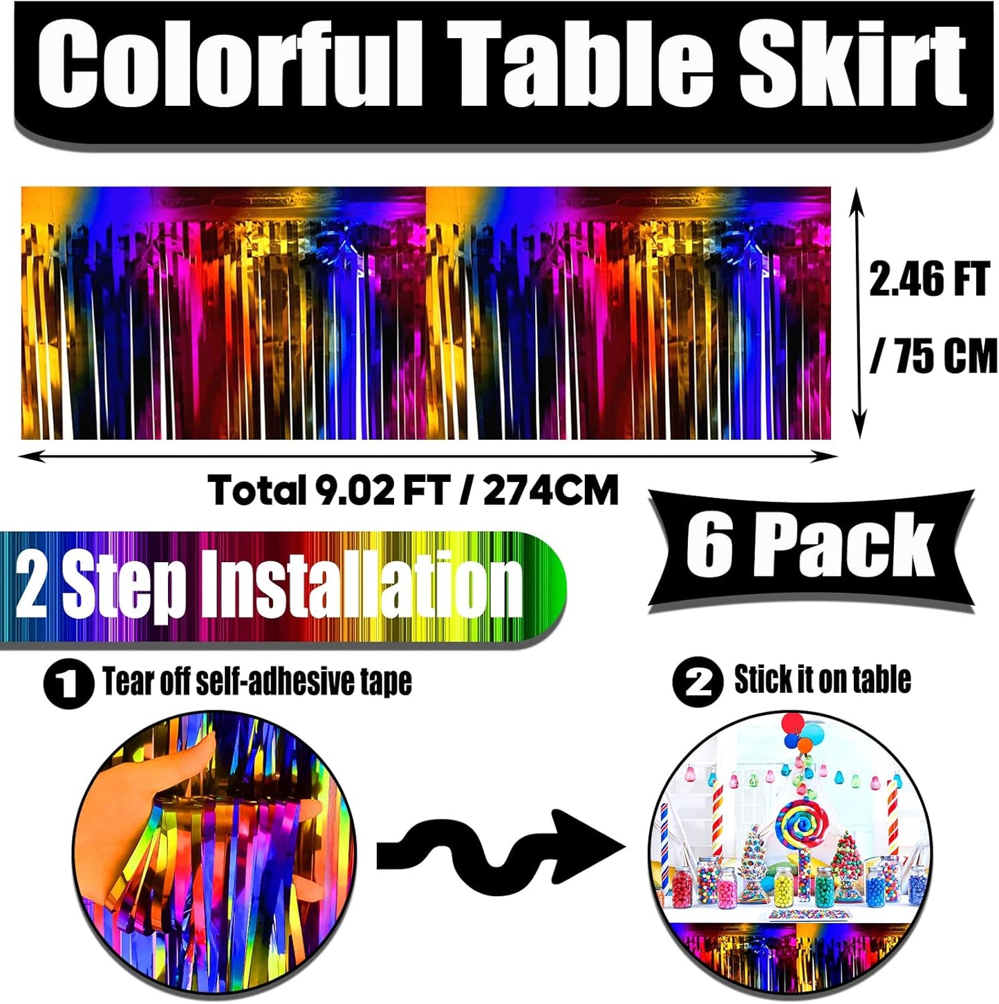 6 Pack 29x108 Inch Metallic Foil Fringe Tinsel Table Skirts Banner for Rectangle Tables Streamer Garland Curtains Backdrop for Wedding, Birthday, Parade Floats, Halloween Party Decoration(Rainbow)