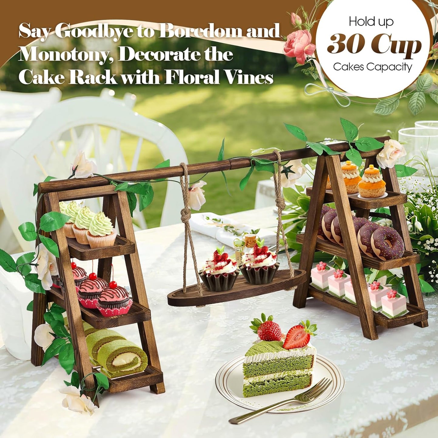 Wooden Cupcake Stand,3 Tier Cake Stands Party Food Display Serving Platter Tray Ladder Stand with Swing and Flower Decor,Rustic Dessert Table Display Set for Cake Fruit Donut Snack Cookie