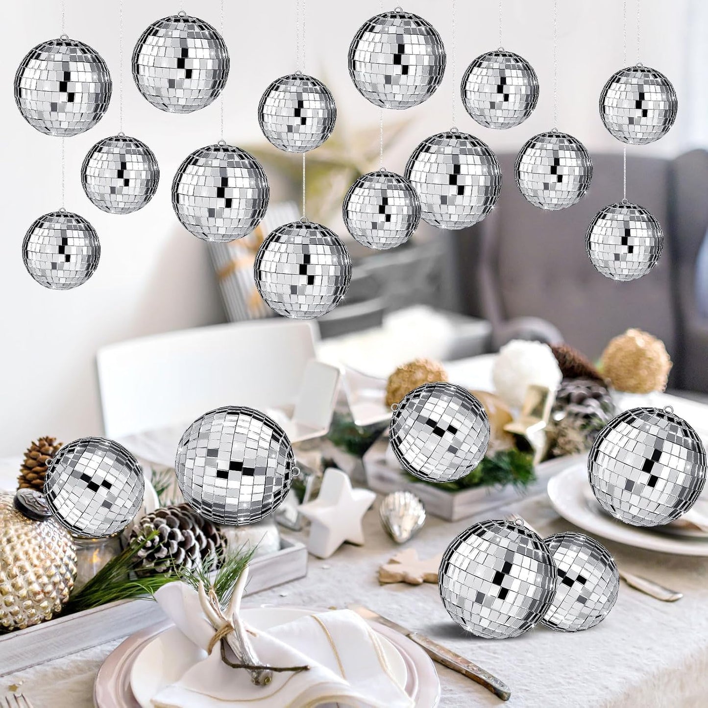 Funtery 100 Pcs Mirror Disco Balls Bulk Assorted Silver Hanging Disco Ball Decor for Home Wedding Birthday Dance Music 70 S Theme Party Christmas Tree Ornaments(1.2'', 2'')