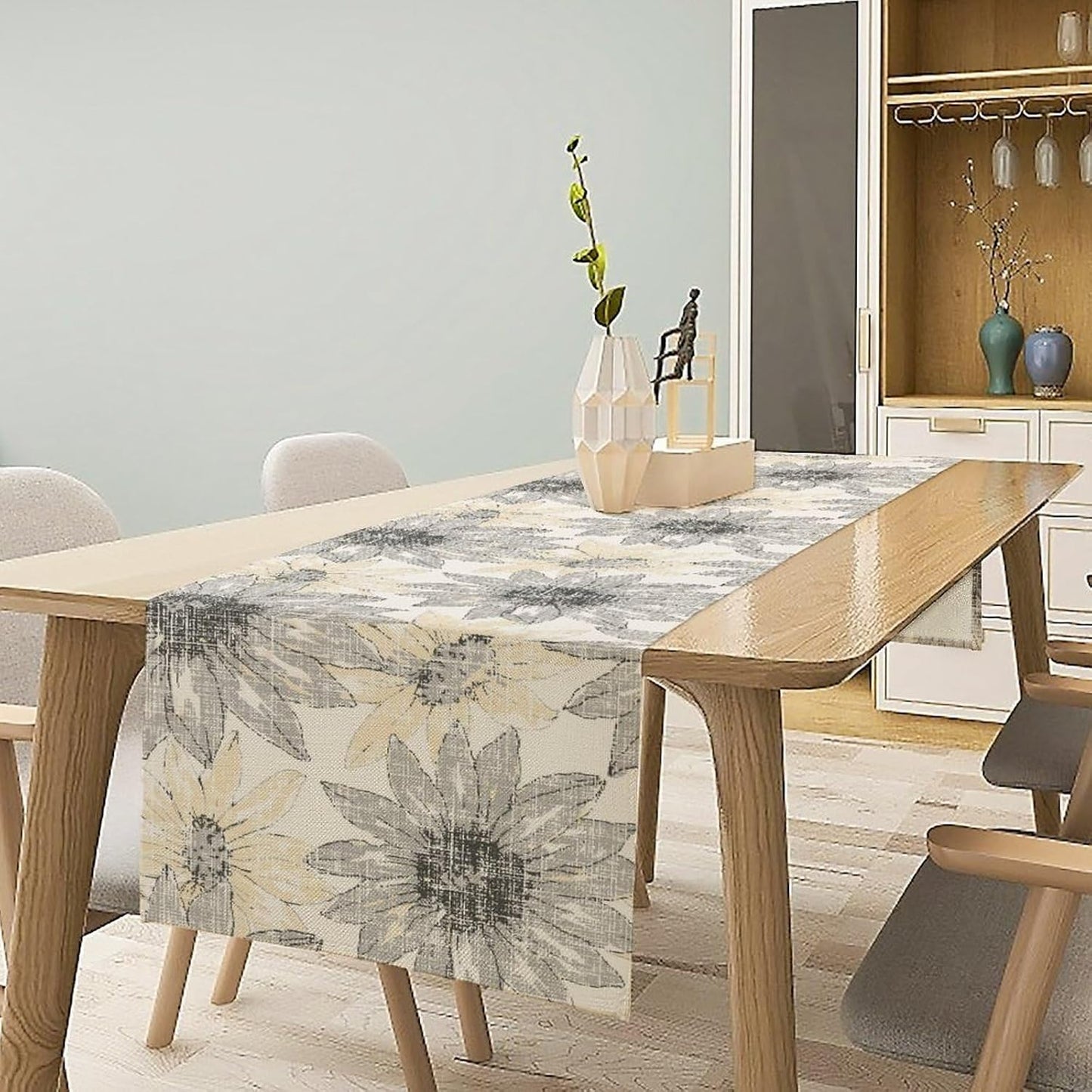 Chrysanthemum Vintage Floral Table Runner, Elegant Grunge Green Sunflower Spring Summer Elegant Pattern Artichokes Flower Table Runner for Party Kitchen Dining Living Room Decor, 13x120 Inch