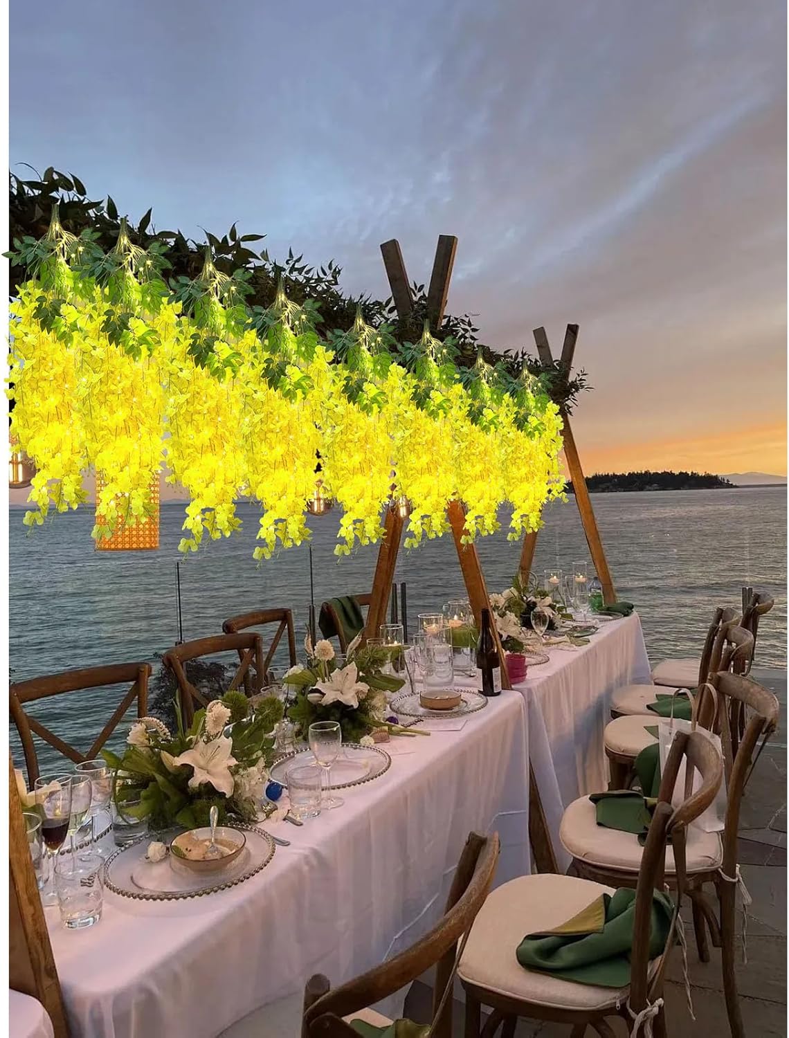 12 Pack Yellow Wisteria Hanging Flowers Garland with Lights, 3.44 Feet Artificial Flower Vines, Fake Wisteria, Artificial Vines Hanging Garland for Backdrop Outdoor Patio Garden Decor